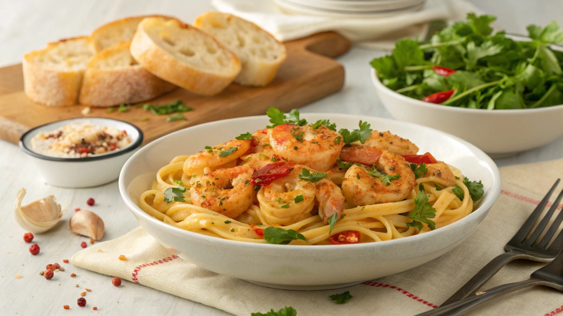 Plate of creamy Cajun shrimp pasta garnished with parsley and Parmesan cheese.