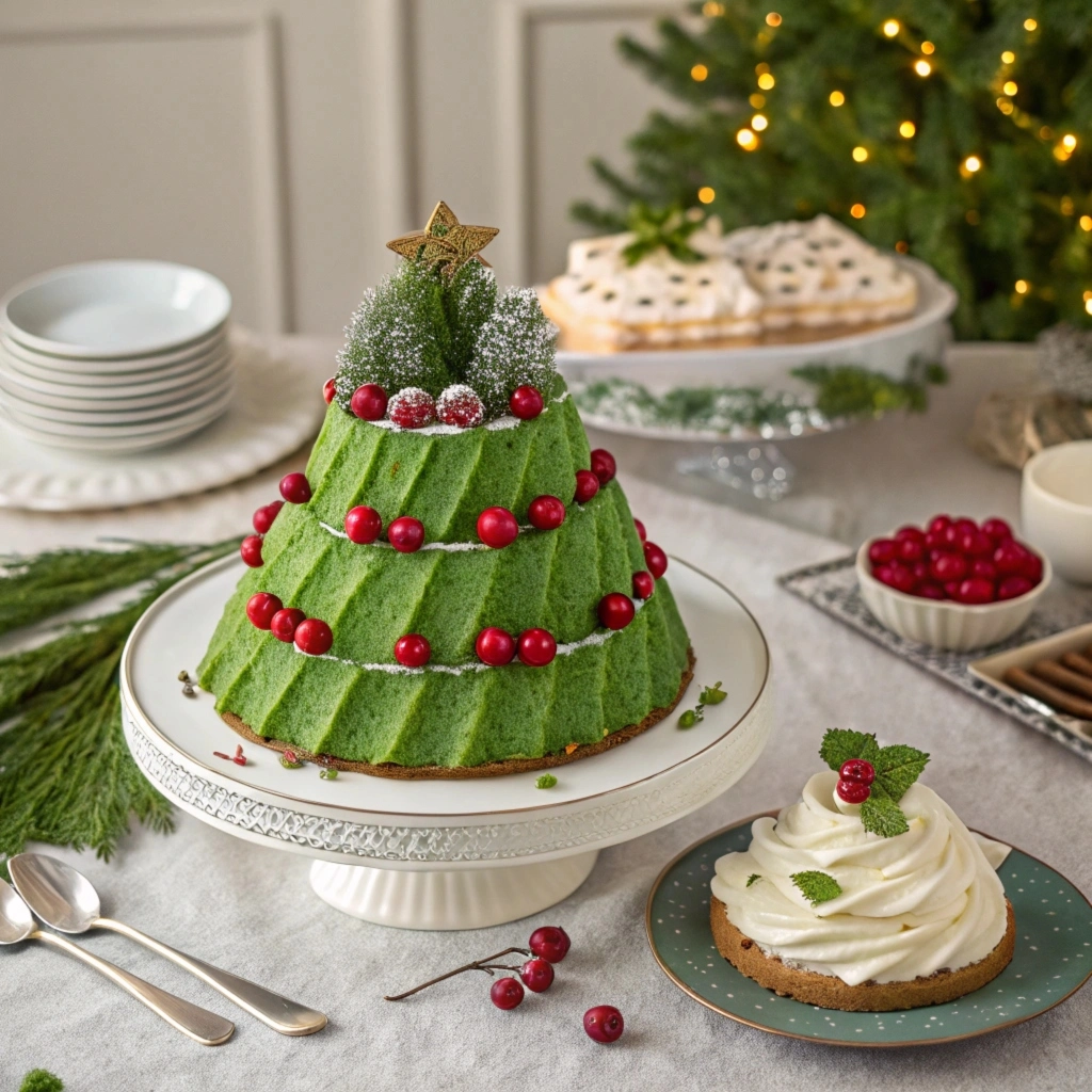 Hands decorating a Christmas tree cake with green frosting.