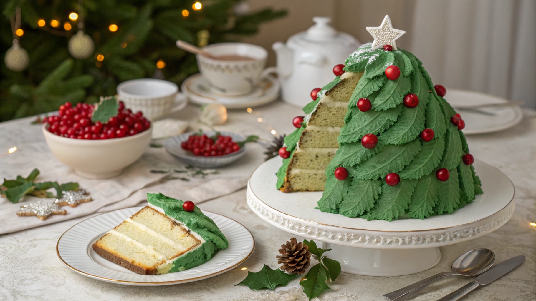 A platter of Christmas tree cakes decorated with green frosting and sprinkles.