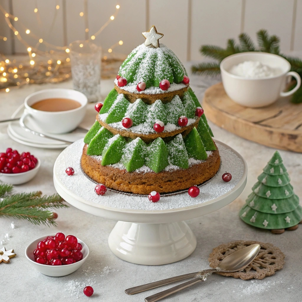 Vegan Christmas tree cakes with natural sprinkles and fresh berries.