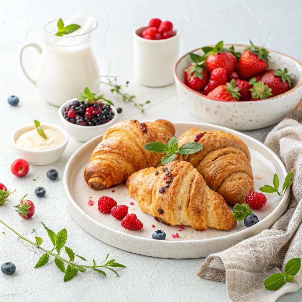 Freshly baked cookie croissant with golden, flaky layers and a gooey cookie-filled center"