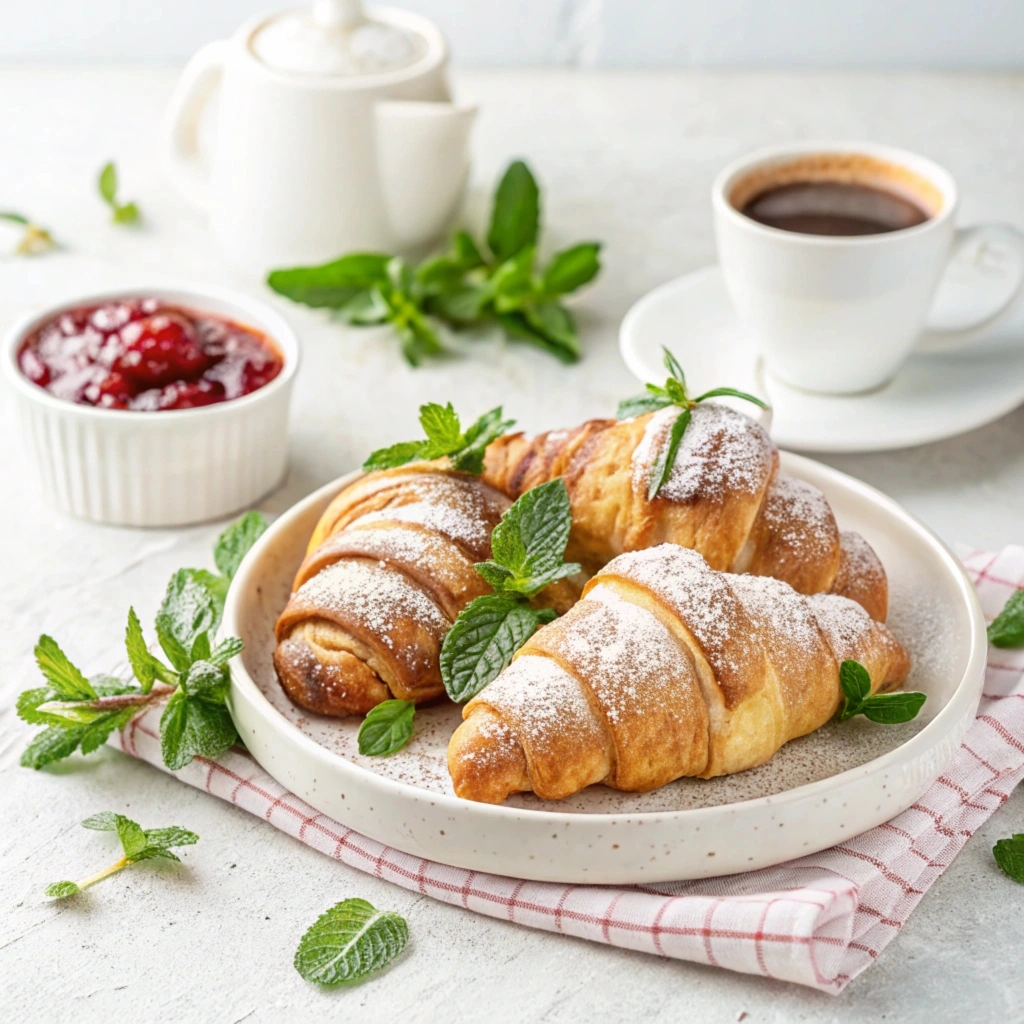 Golden cookie croissant with flaky pastry layers and rich cookie filling on a baking tray