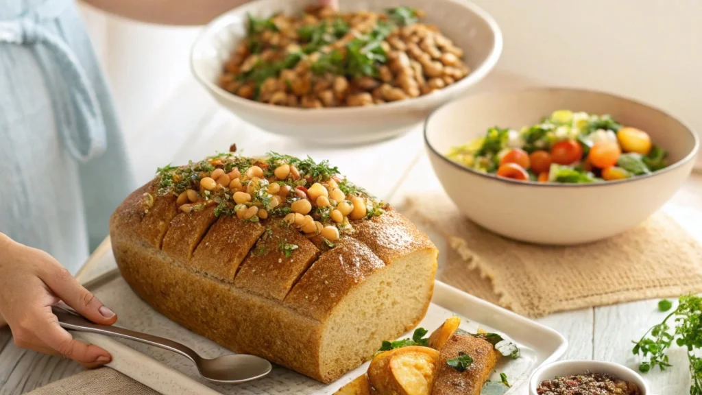 A loaf of wheatberry bread on a wooden cutting board.