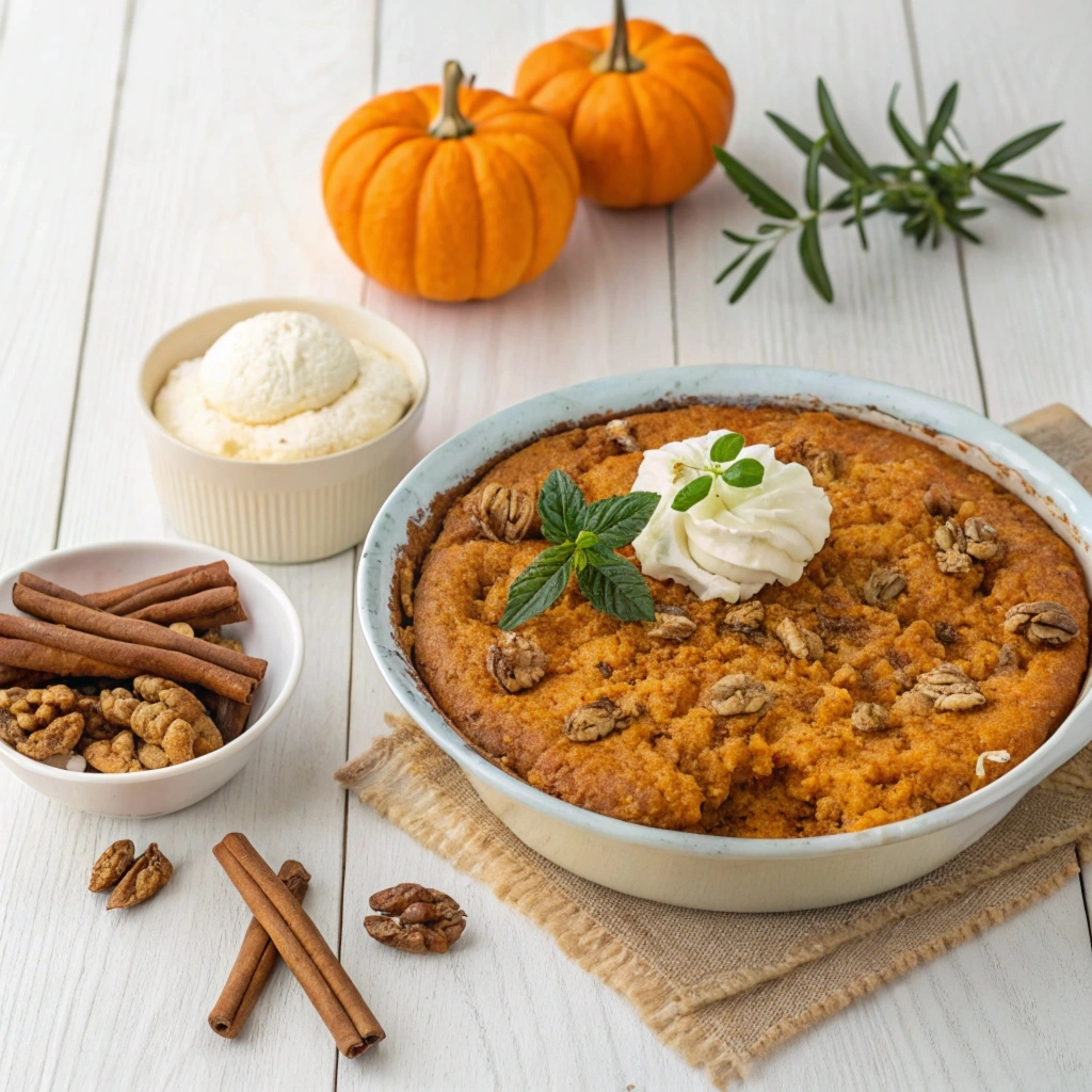 A close-up of pumpkin dump cake in a baking dish, highlighting its crispy topping and rich, spiced layers.