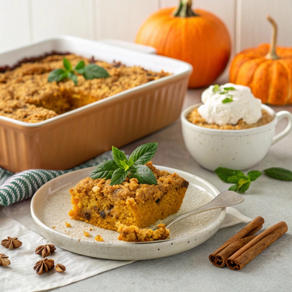 A slice of pumpkin dump cake served on a plate, topped with whipped cream and a sprinkle of cinnamon, showcasing its golden crust.