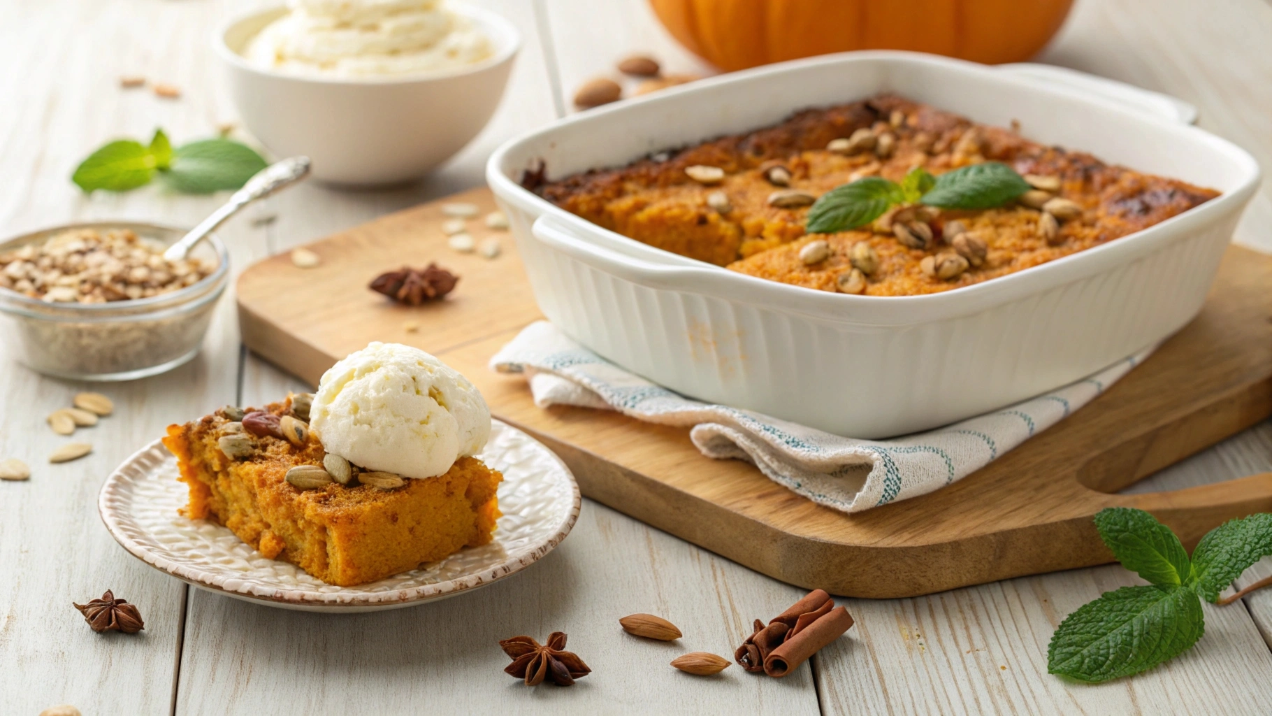 Image Optimization Recommendations Alt Text: A freshly baked pumpkin dump cake with a golden crust and a dollop of whipped cream, garnished with cinnamon.