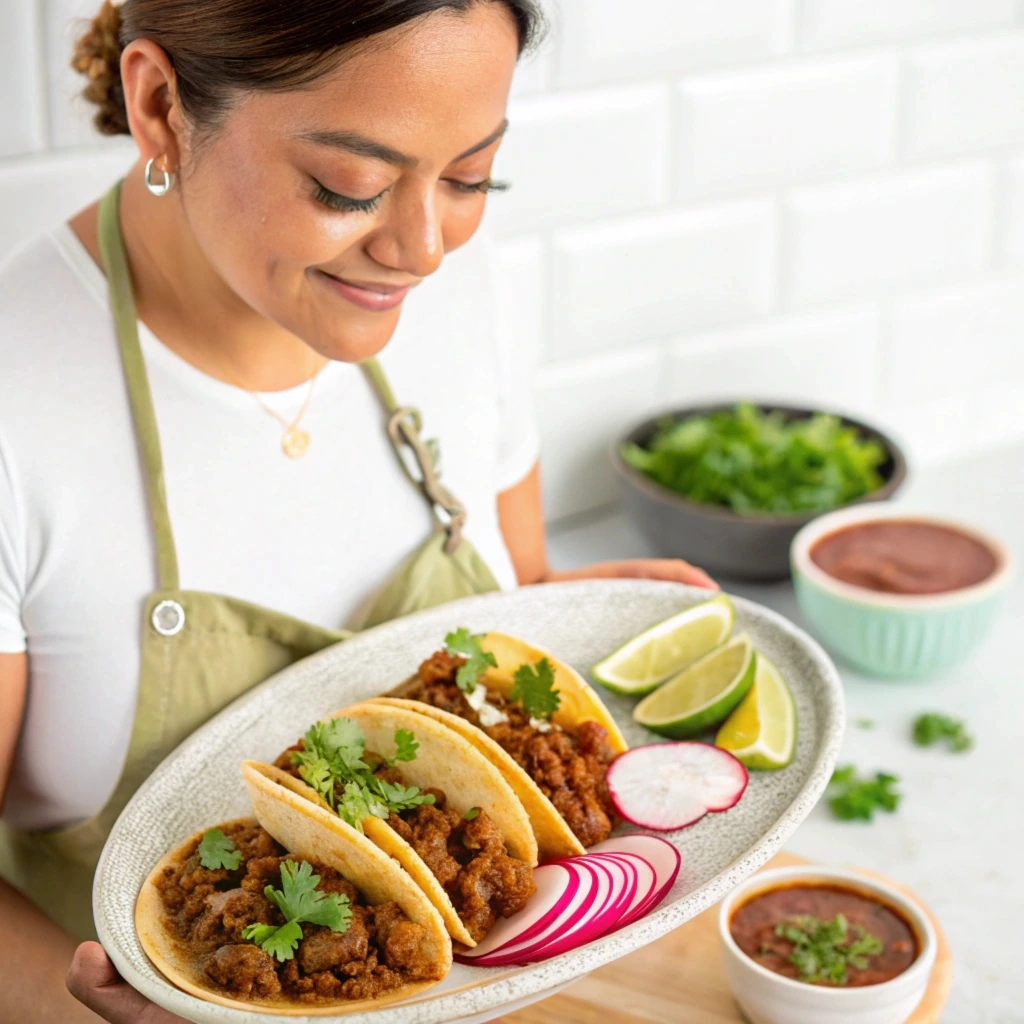 Mexican rice, refried beans, and elote served as sides with Quesabirria tacos