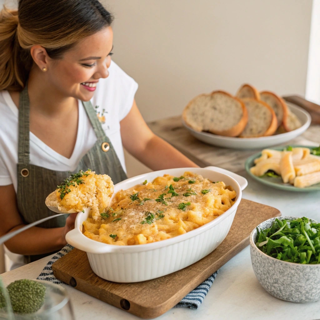 A creamy bowl of Tini’s Mac and Cheese garnished with fresh parsley and served in a cast iron skillet.

