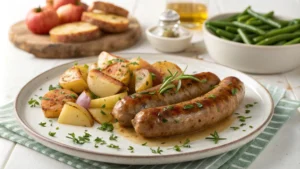 A plate of grilled apple chicken sausages served with roasted vegetables and fresh herbs.