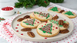 Pecan Christmas tree surrounded by festive desserts and rustic holiday decorations.