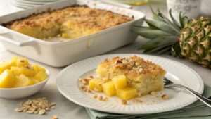 A freshly baked pineapple casserole with a golden, crispy cracker topping, served in a white dish.