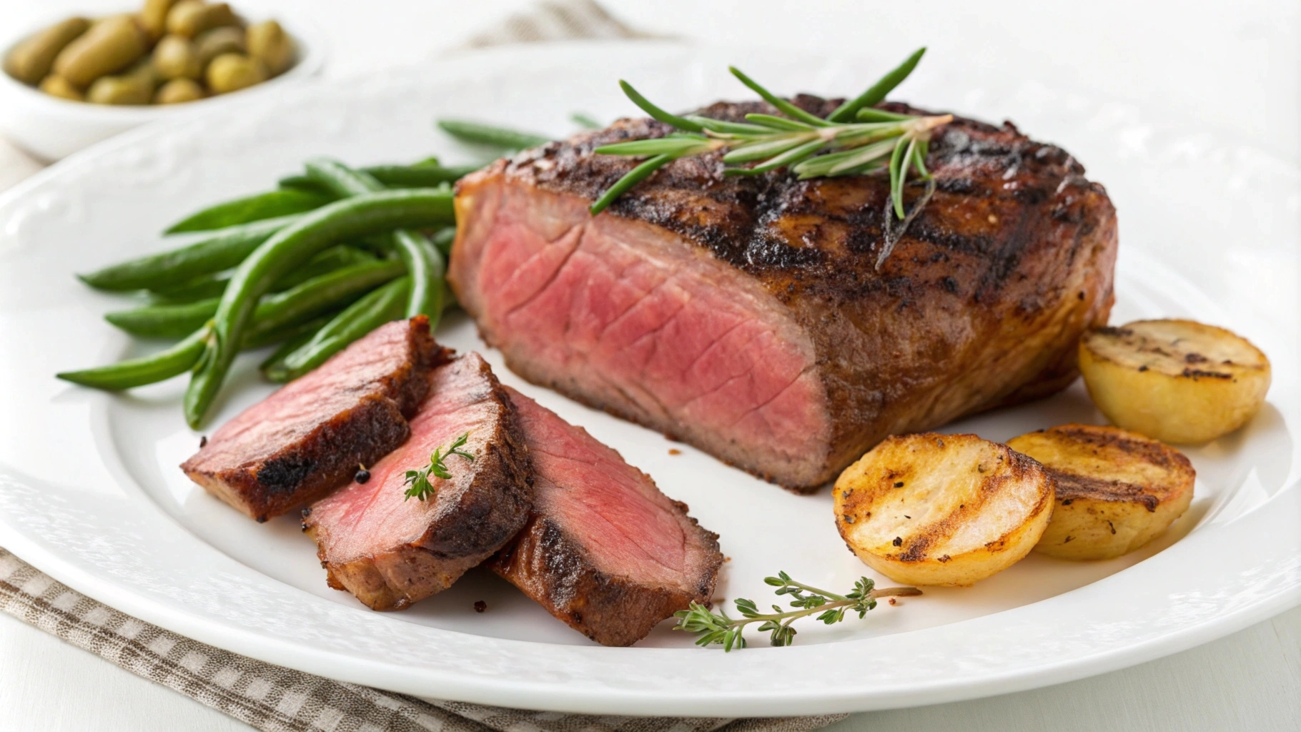 Grilled Bavette Steak served on a wooden cutting board with herbs and lemon slices"