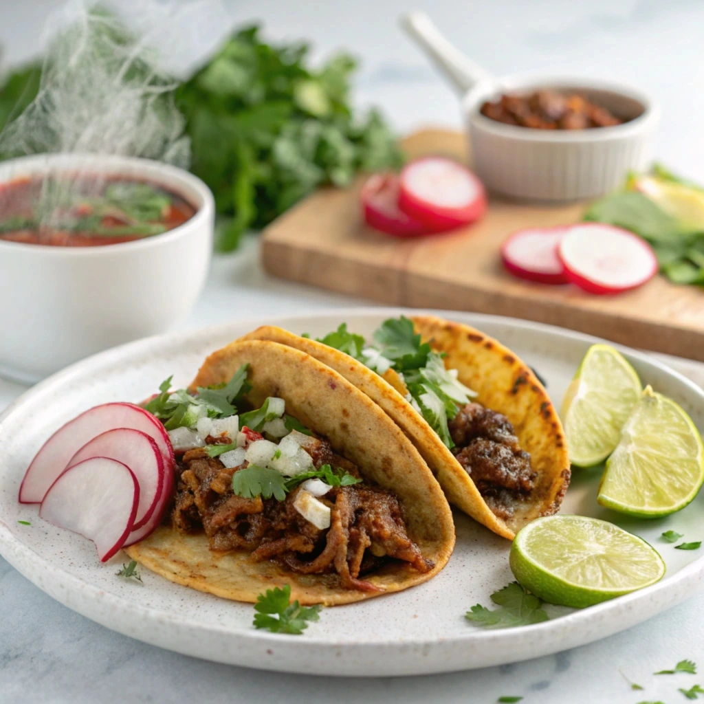 Key ingredients for making Quesabirria, including tortillas, cheese, and birria consomé."