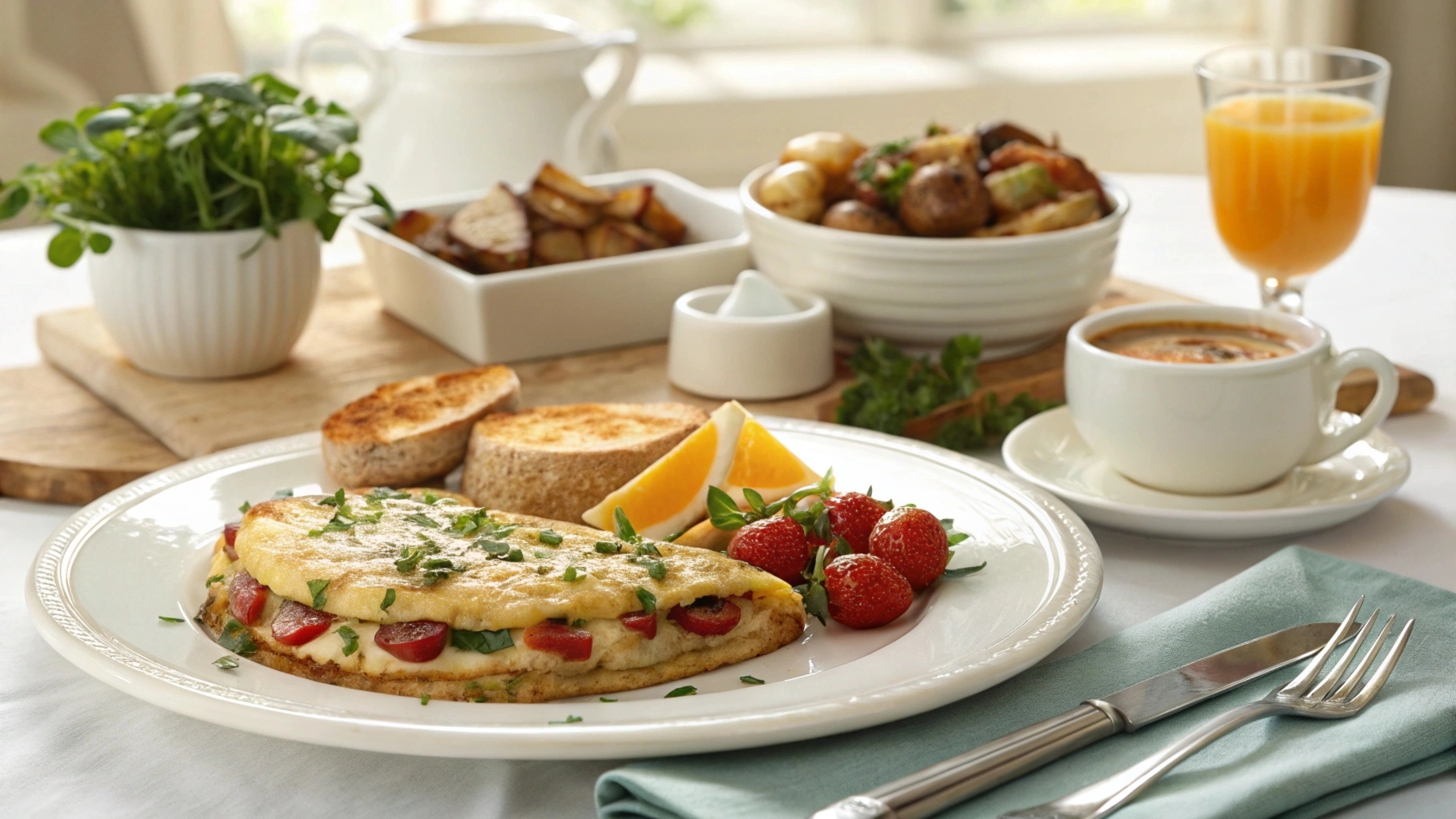 Continental breakfast spread with bread, fruits, and coffee