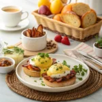 Elegantly arranged continental breakfast table with decorations