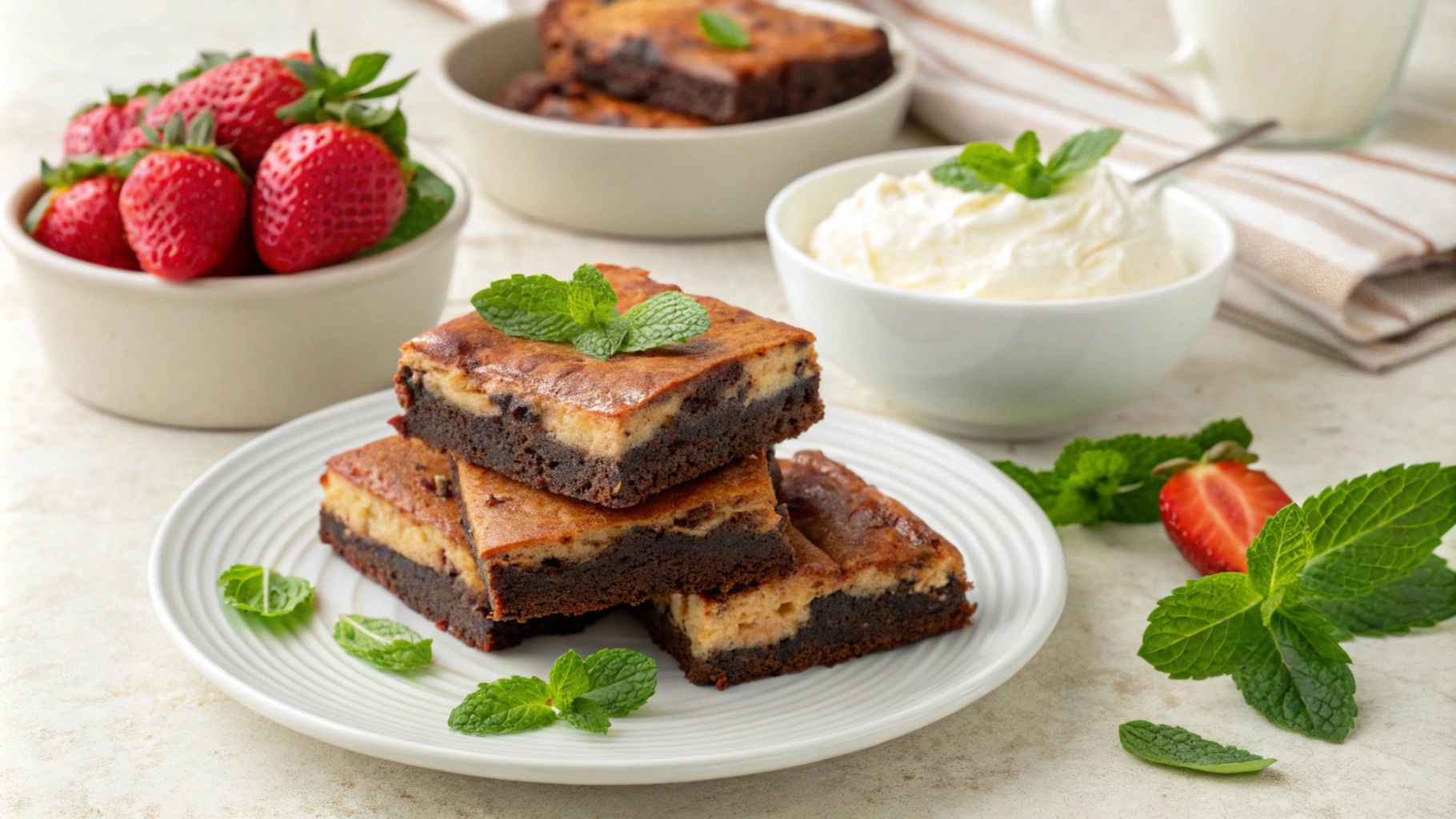 A tray of freshly baked cottage cheese brownies, cut into squares.