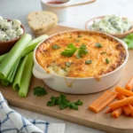 Frank's Buffalo Chicken Dip with melted cheese and spicy buffalo sauce