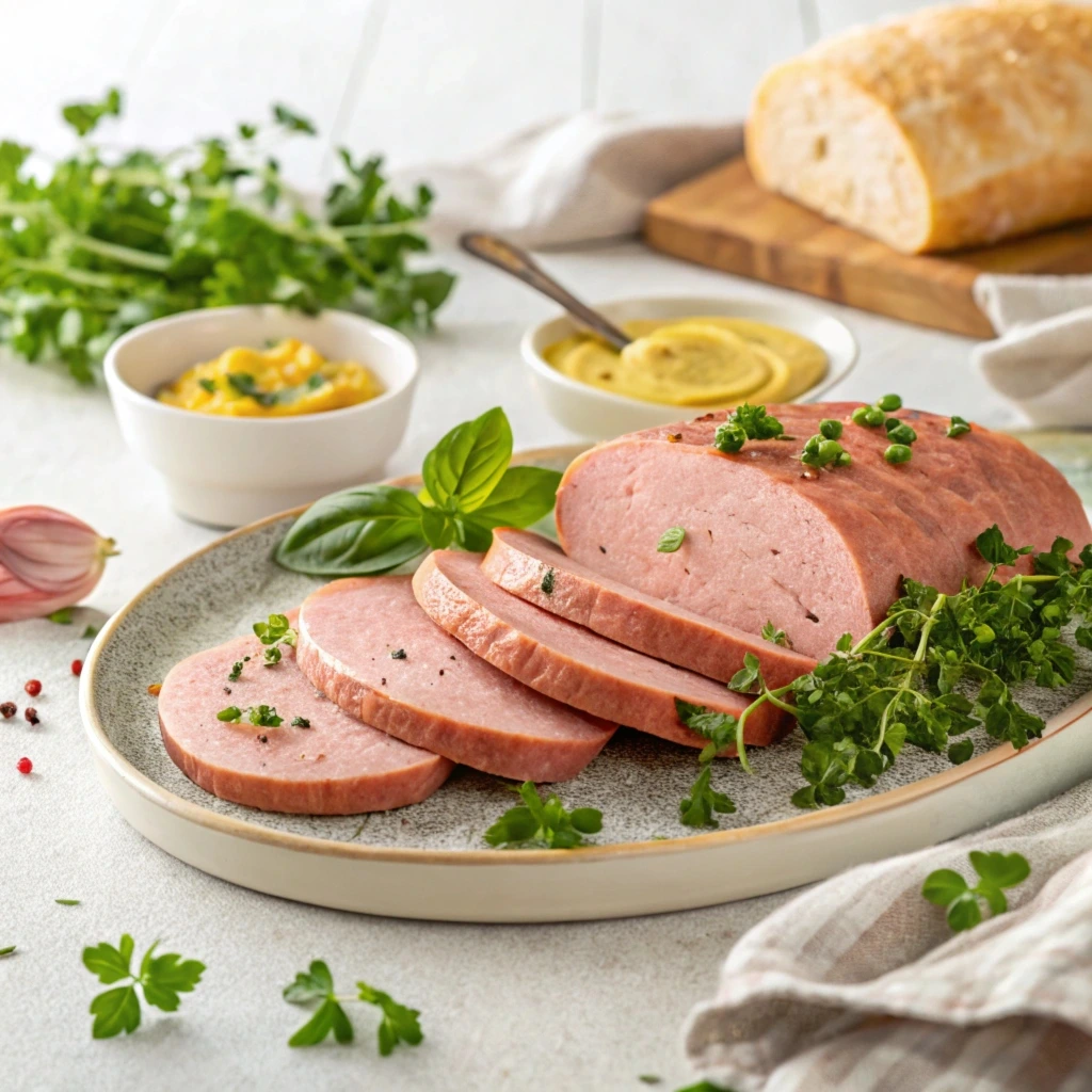 Mortadella slices arranged on a charcuterie board with cheese.