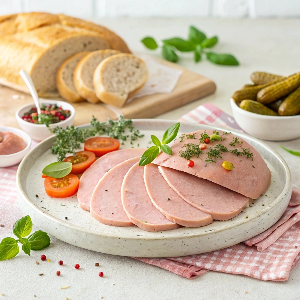 Mortadella sandwich with fresh bread and greens.