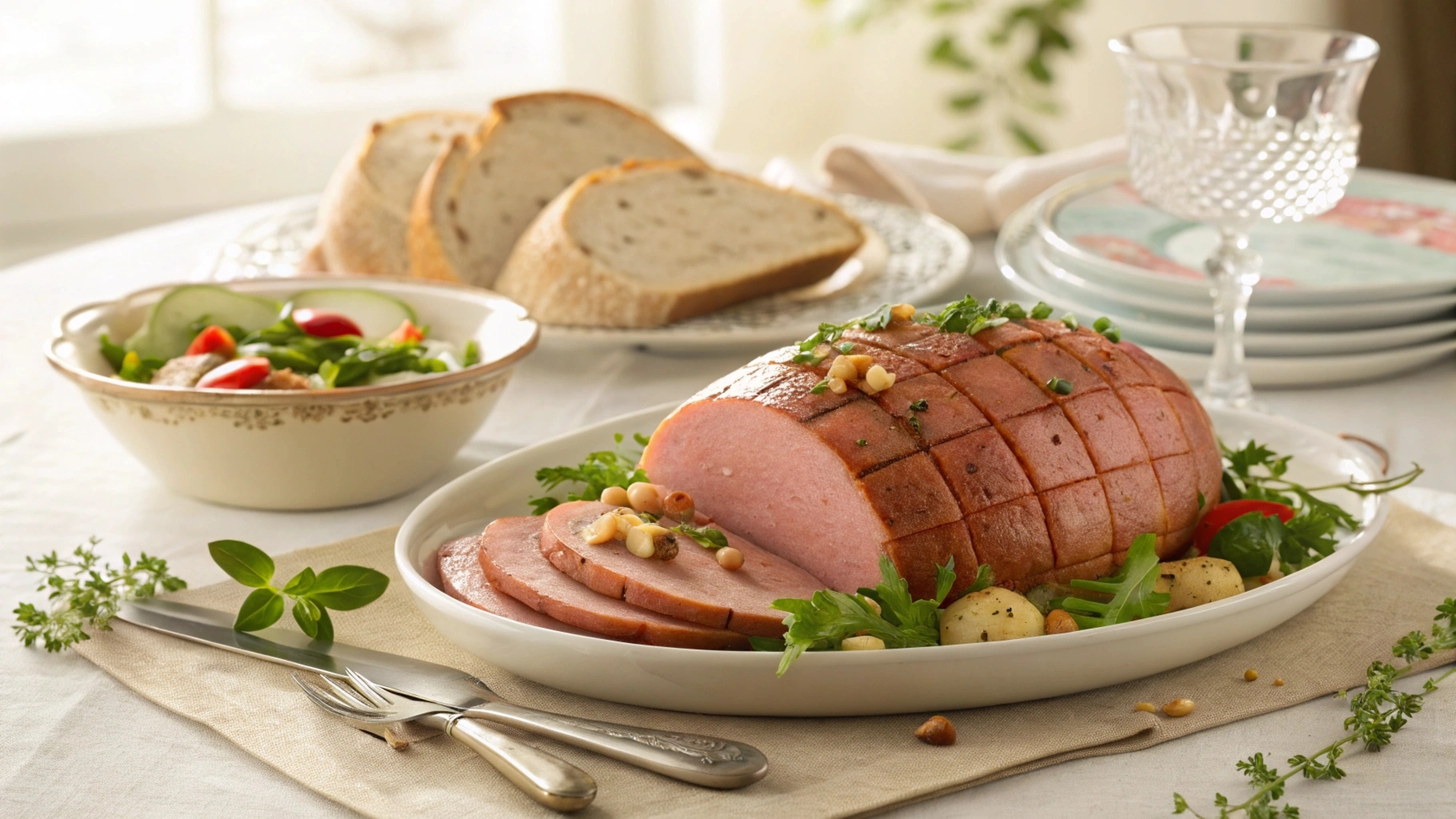 Mortadella sausage being stuffed into casings during production