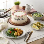 A decorated table with a birthday cake, flowers, and candles for a single mom’s birthday.