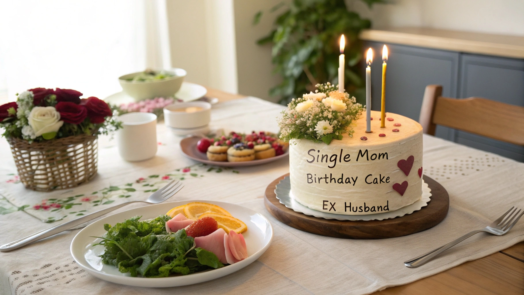 A beautiful birthday cake surrounded by family members celebrating a single mom.