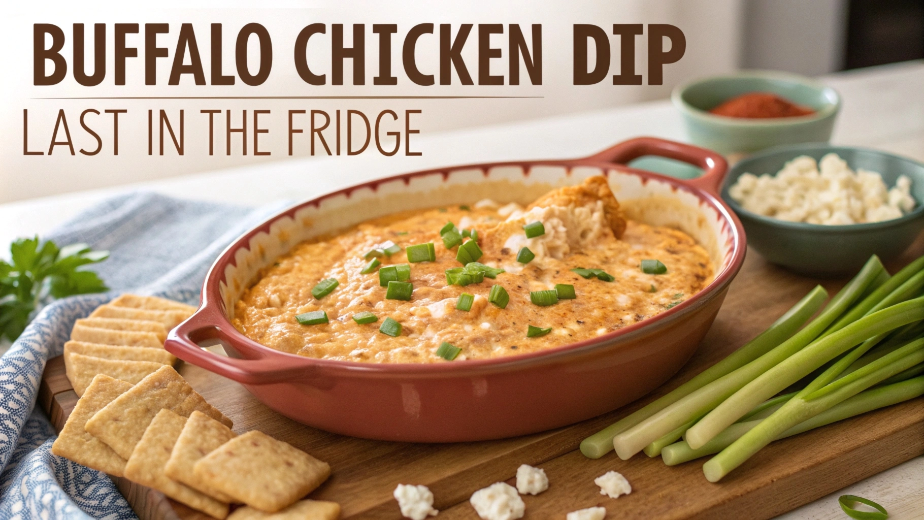 Buffalo chicken dip served with chips and veggies for dipping.