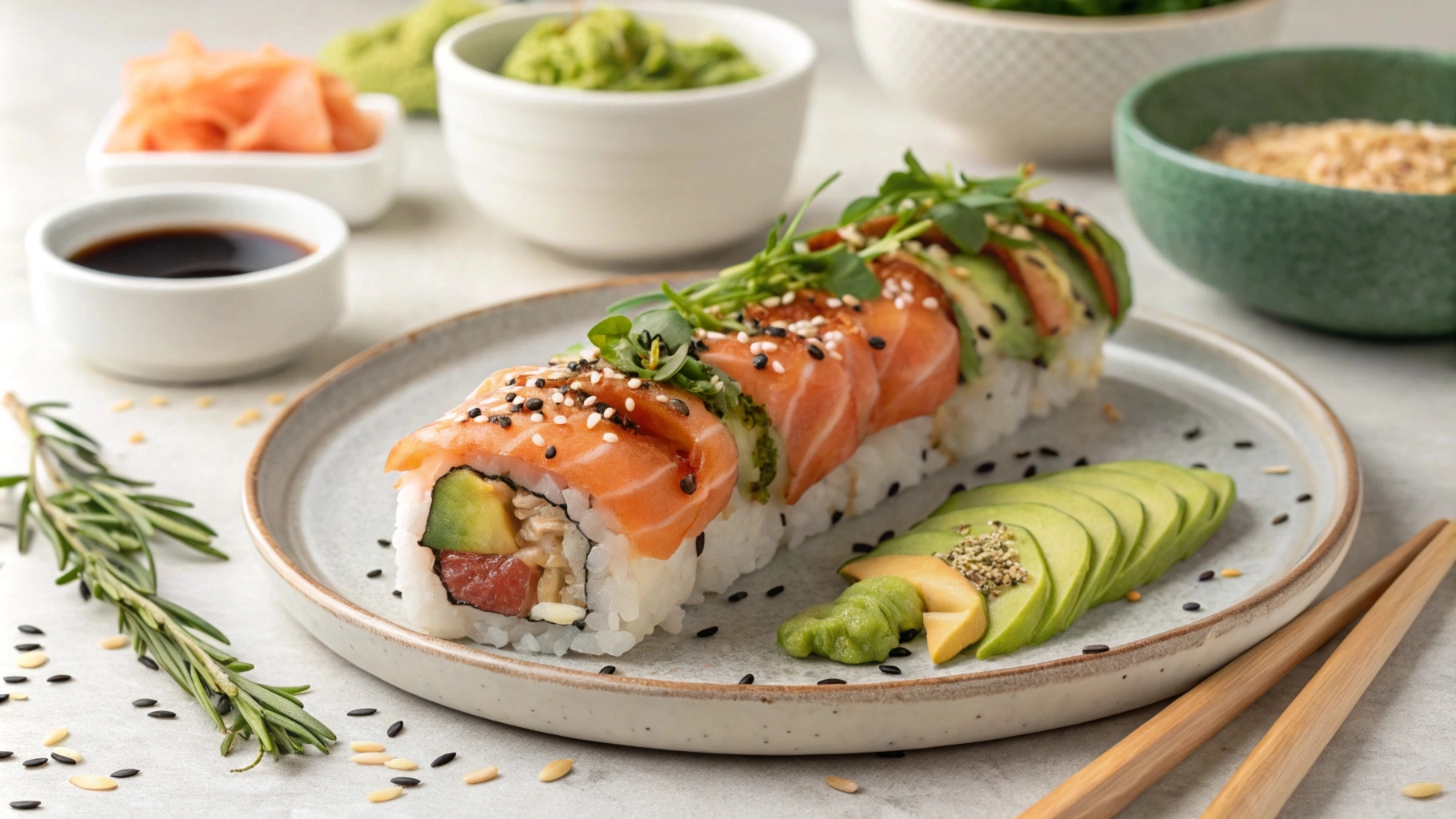 Fresh Alaskan Roll sushi with salmon, avocado, and cucumber