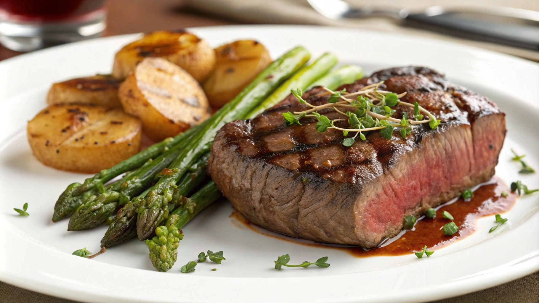 Tender hanger steak sliced and served on a plate.