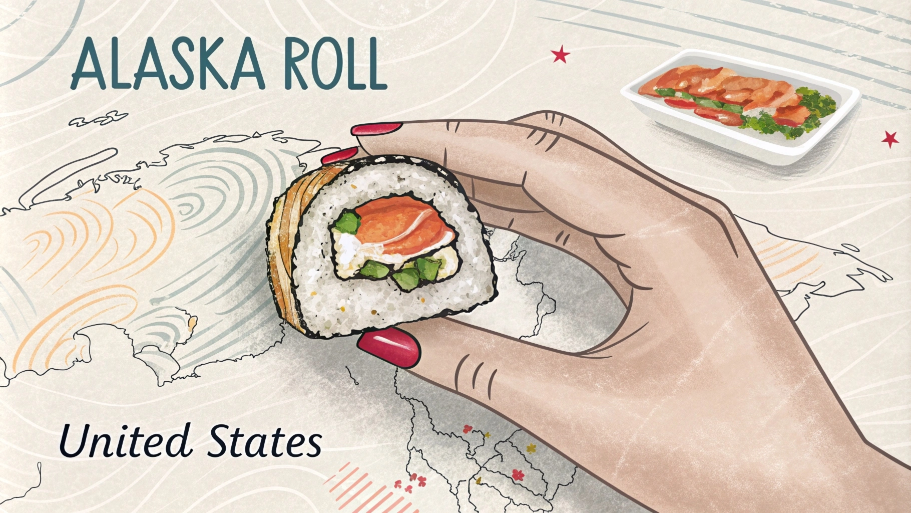 A traditional Alaskan roll served on a decorative sushi plate.