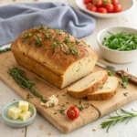 Freshly baked wheat berry bread loaf placed on a wooden board, surrounded by whole wheat berries and flour.