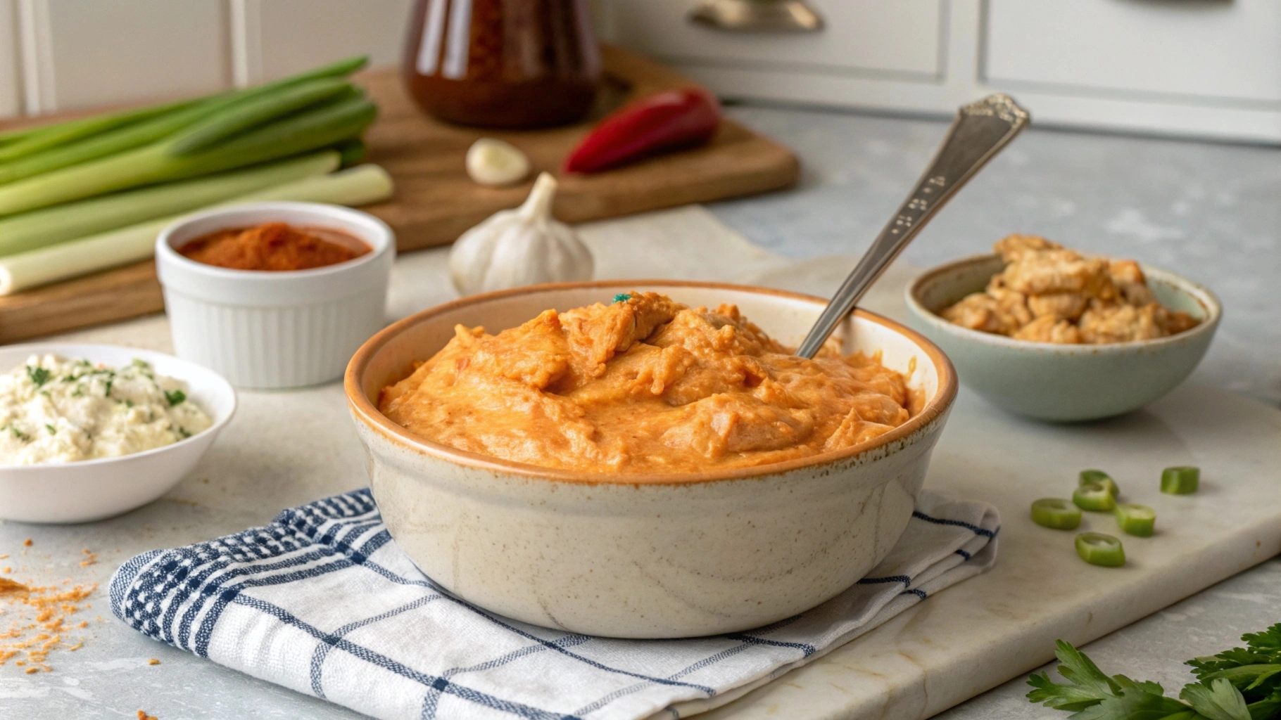 A bowl of buffalo chicken dip showing a smooth and creamy texture