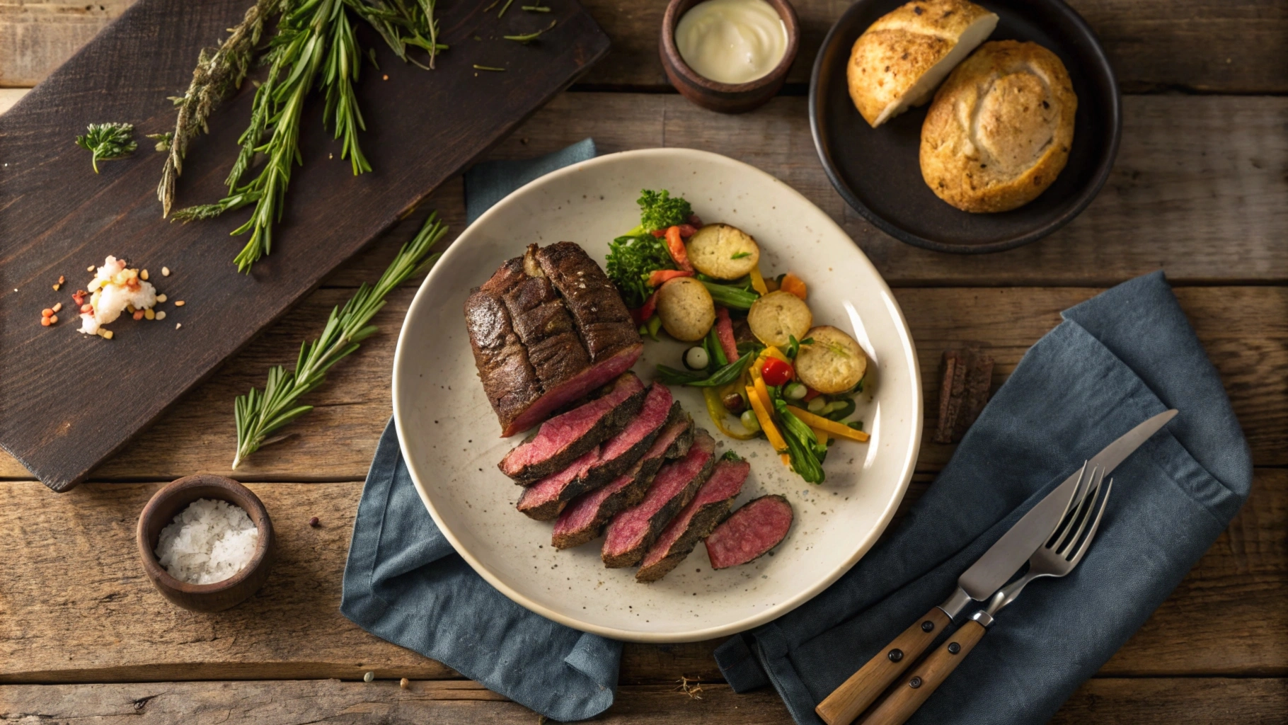 Close-up of tender hanger steak, sliced to show juicy interior.