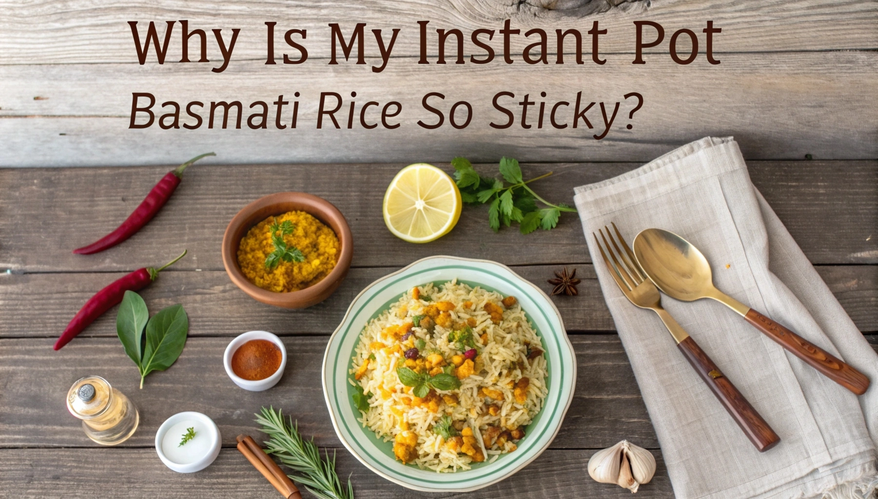 Fluffy, non-sticky Instant Pot Basmati Rice served in a bowl with a garnish.