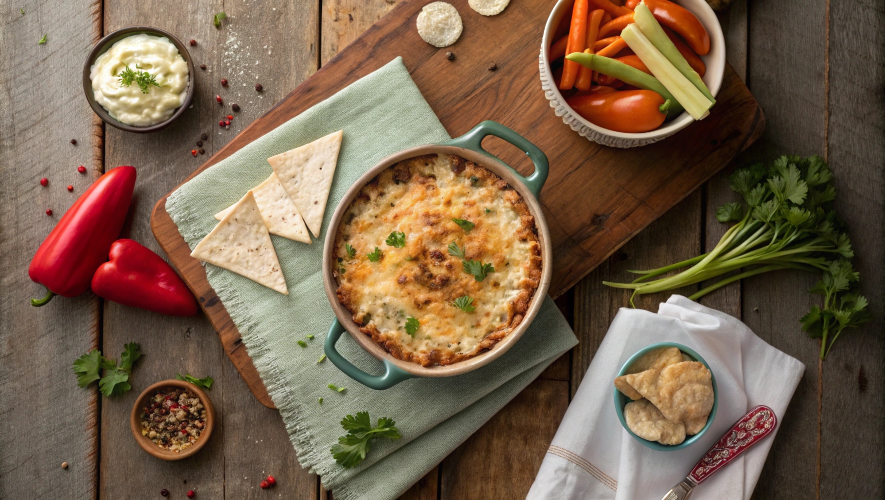 Buffalo chicken dip served with chips and fresh veggies.