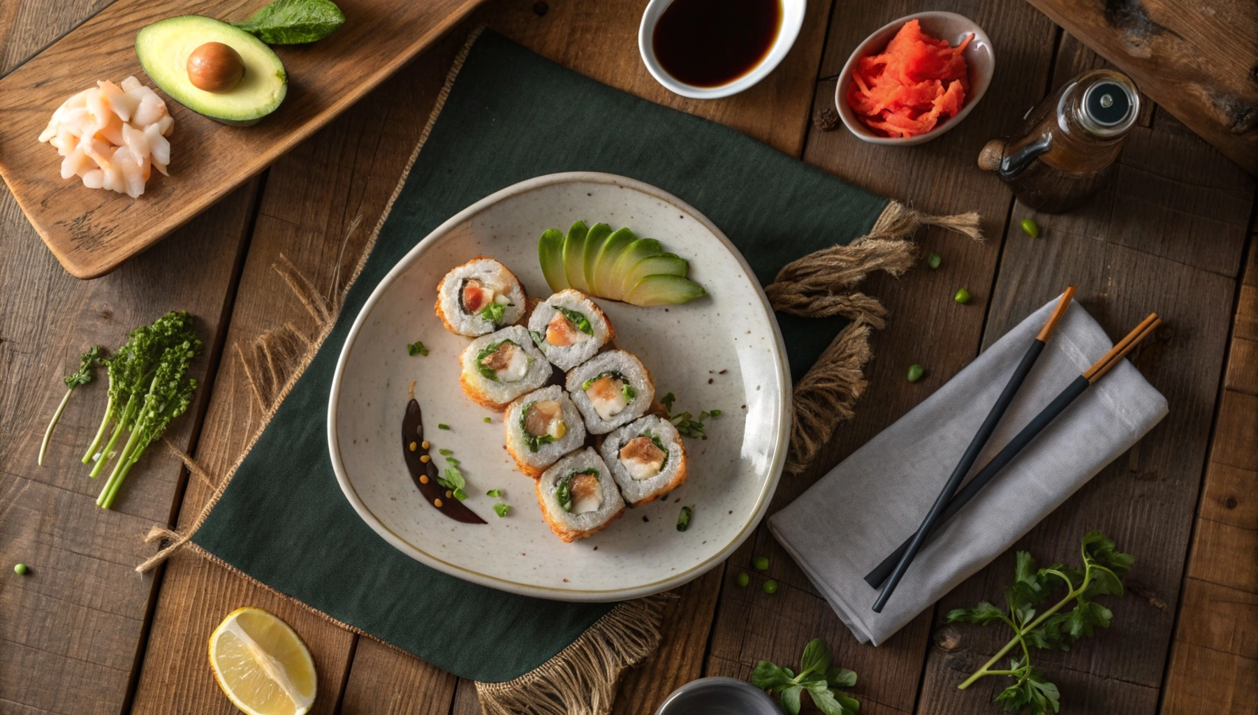 A freshly prepared Alaskan roll with salmon, avocado, cucumber, and sushi rice on a bamboo mat."