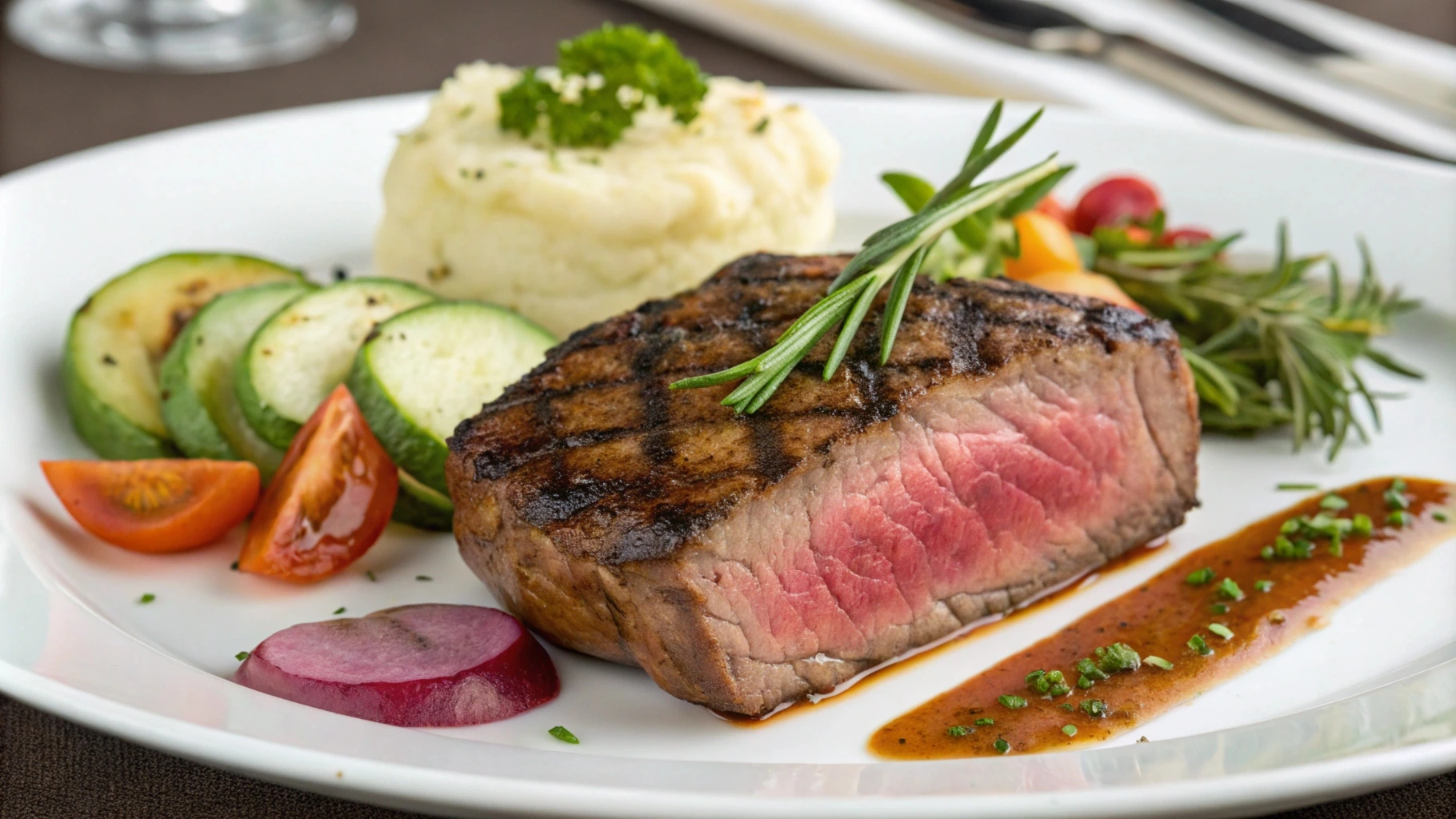 Denver steak on a plate with grilled vegetables, cooked medium-rare, showing a juicy and tender texture