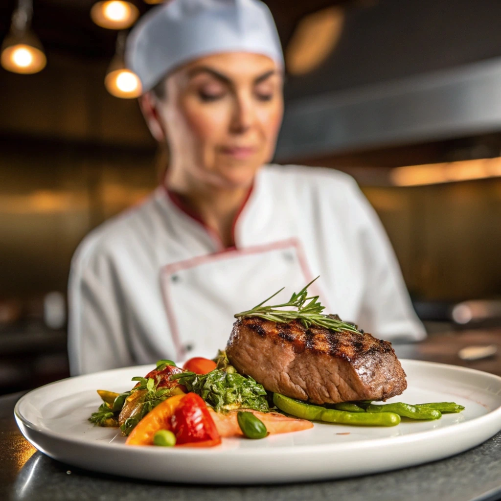 Denver steak on a plate with grilled vegetables, cooked medium-rare, showing a juicy and tender texture.