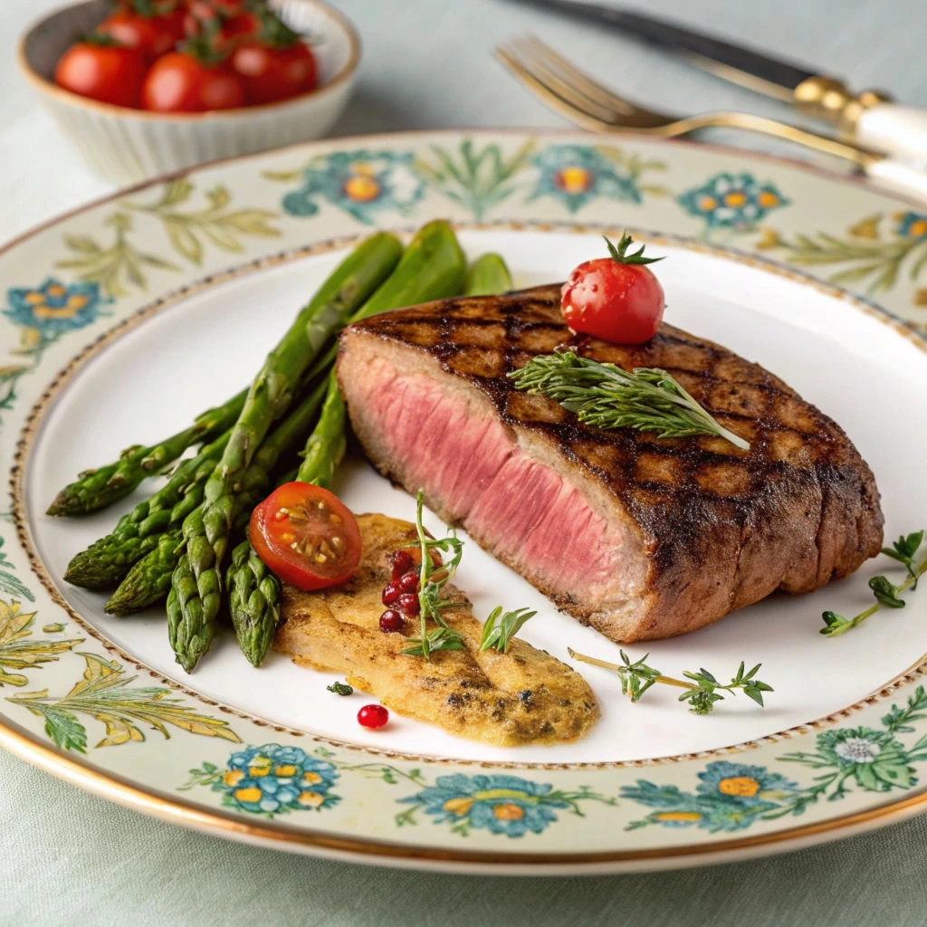 Denver steak on a plate with grilled vegetables, cooked medium-rare, showing a juicy and tender texture.