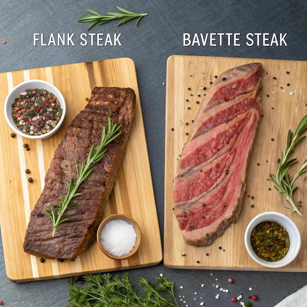 Flank steak and Bavette steak side by side on a wooden cutting board, labeled and accompanied by seasoning ingredients to showcase their textures and differences.
Are flank and bavette the same?