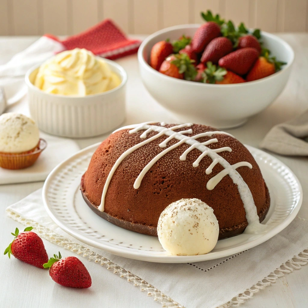 A football cake decorated with brown frosting, white laces, and green grass frosting, perfect for game-day celebrations.