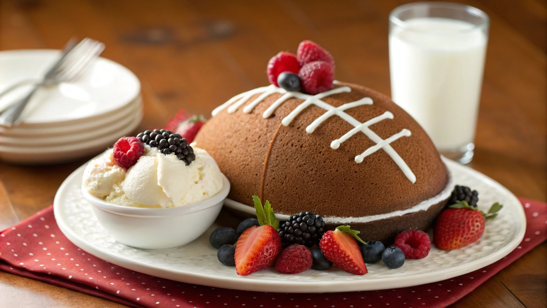 A football cake decorated with brown frosting, white laces, and green grass frosting, perfect for game-day celebrations.