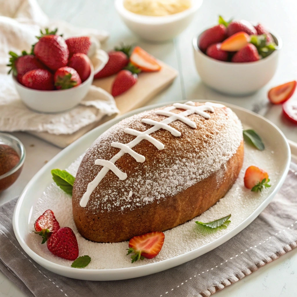 A football cake decorated with brown frosting, white laces, and green grass frosting, perfect for game-day celebrations.