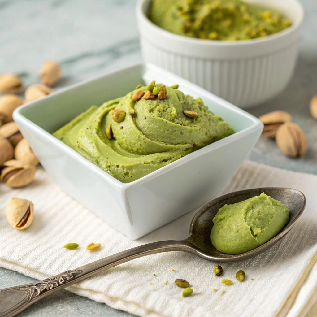 Creamy pistachio butter spread in a jar with pistachios on the side.

