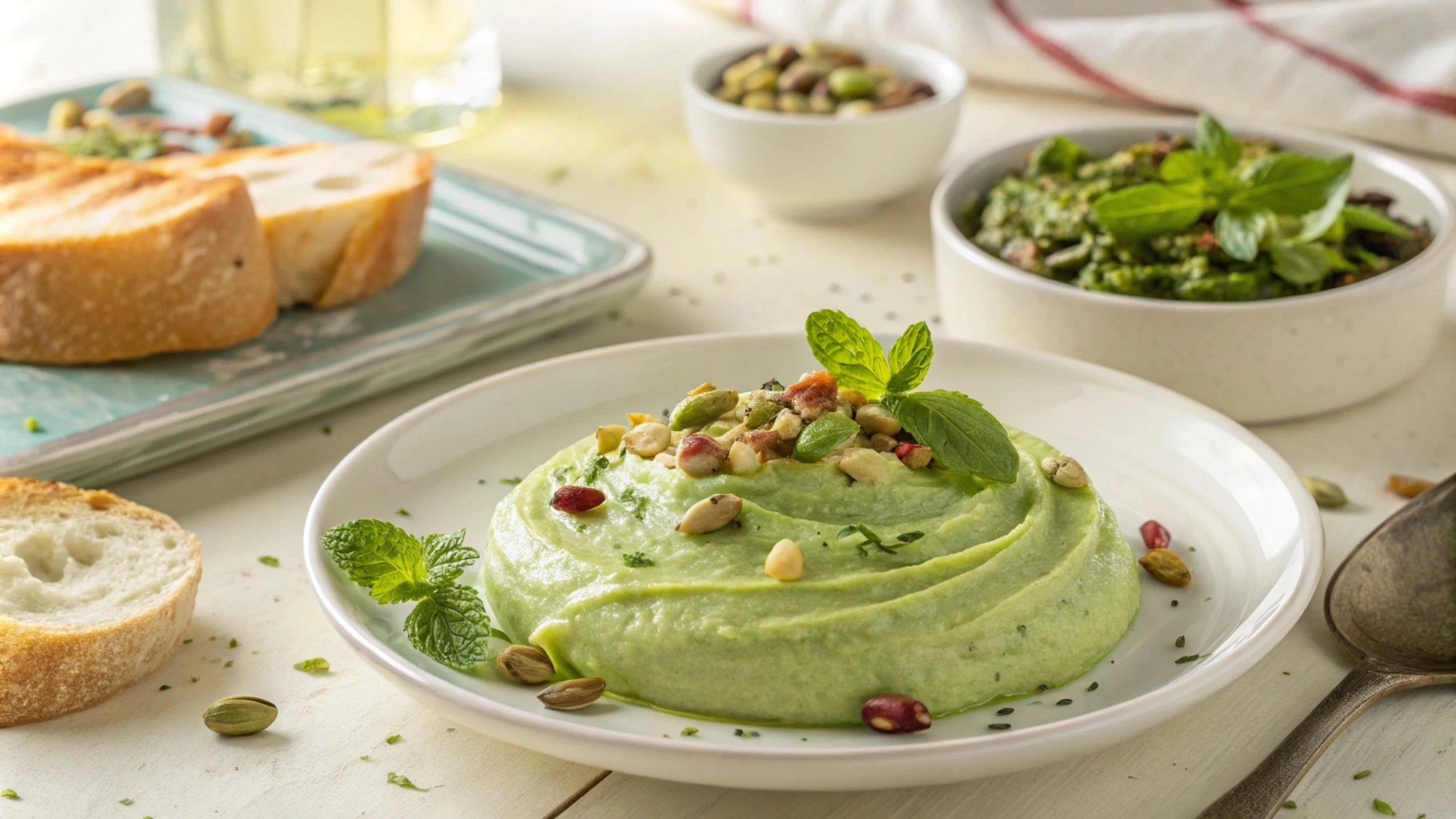 Creamy pistachio butter spread in a jar with pistachios on the side.