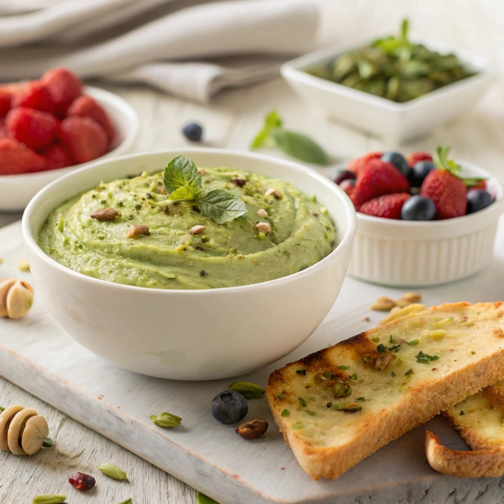 Creamy pistachio butter spread in a jar with pistachios on the side.

