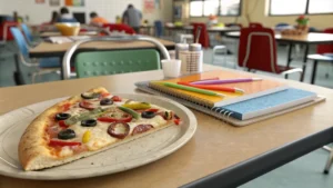 A rectangular school pizza with a fluffy crust, tangy tomato sauce, and melted mozzarella cheese, served on a wooden board.