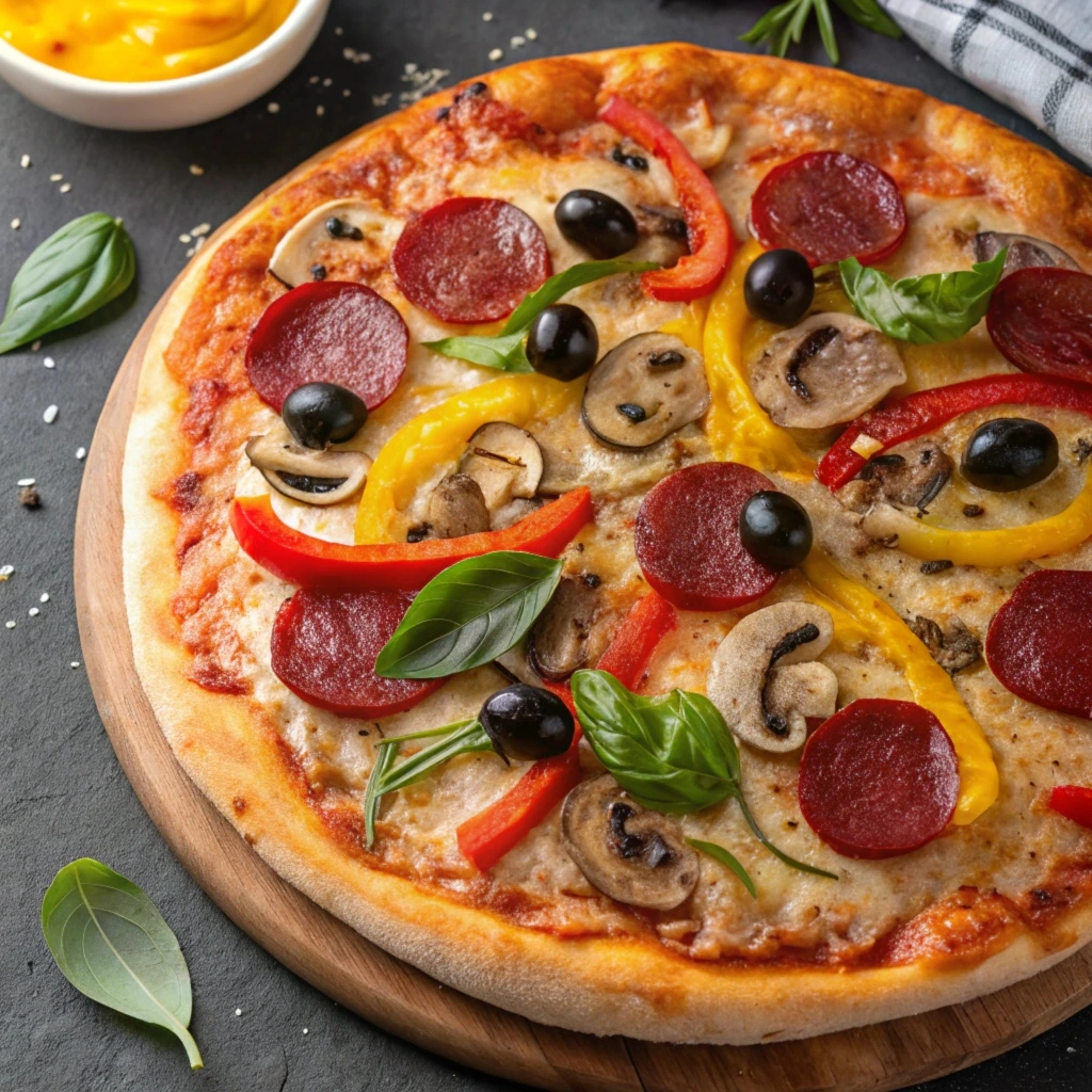 A rectangular school pizza with a fluffy crust, tangy tomato sauce, and melted mozzarella cheese, served on a wooden board.