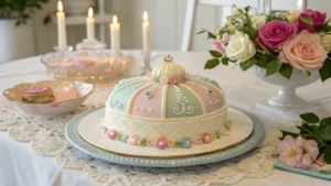 A beautifully decorated Princess Cake with green marzipan and a marzipan rose, showcasing its signature dome shape and elegance