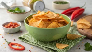 Protein chips in a bowl with guacamole, showcasing a healthy, high-protein snack option.